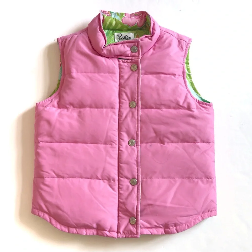 Lilly Pulitzer Floral Reversible Down Puffer Vest Girls 6X Pink Tropical Preppy